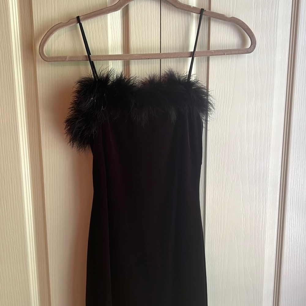 Vintage Black Feather-Trim Maxi Dress